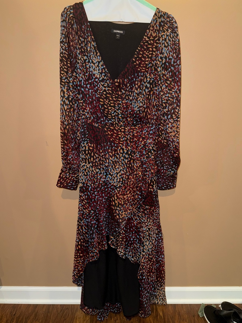 Express Burgundy Multi-Spot Asymmetrical Ruffle Dress